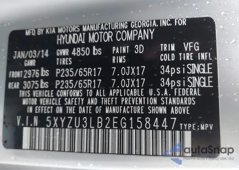 2014 Hyundai Santa Fe Sport 2.4L from USA, damaged, VIN 5XYZU3LB2EG158447